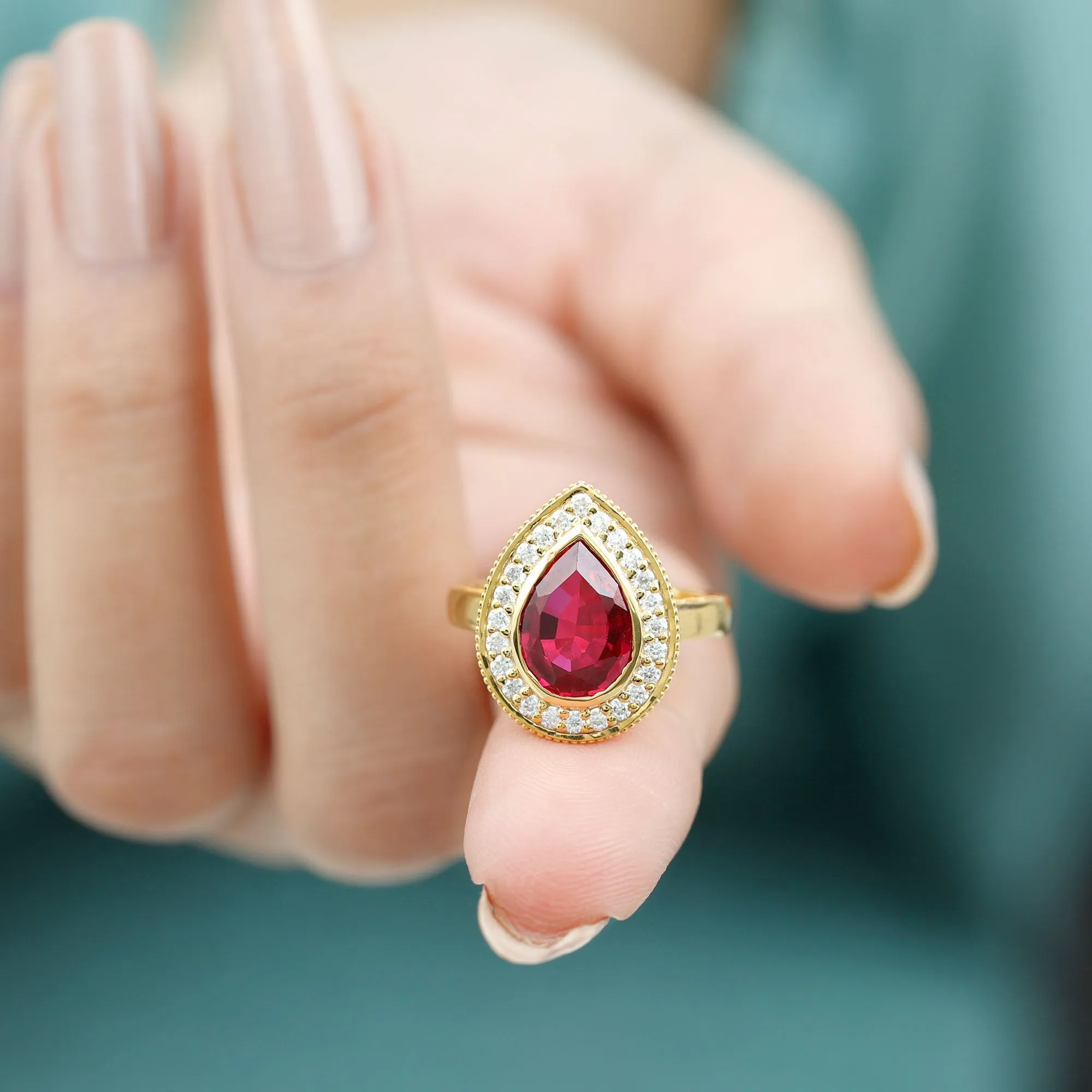 Vintage Style Created Ruby Teardrop Engagement Ring with Diamond Halo