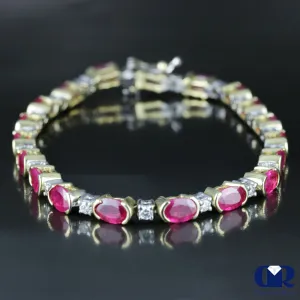 Women's 11.27 Carat Ruby & Diamond Tennis Bracelet In 14K Yellow & White Gold